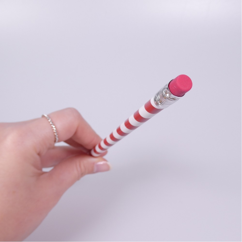 Crayon de Noël rayé rouge et blanc avec gomme - Rouge