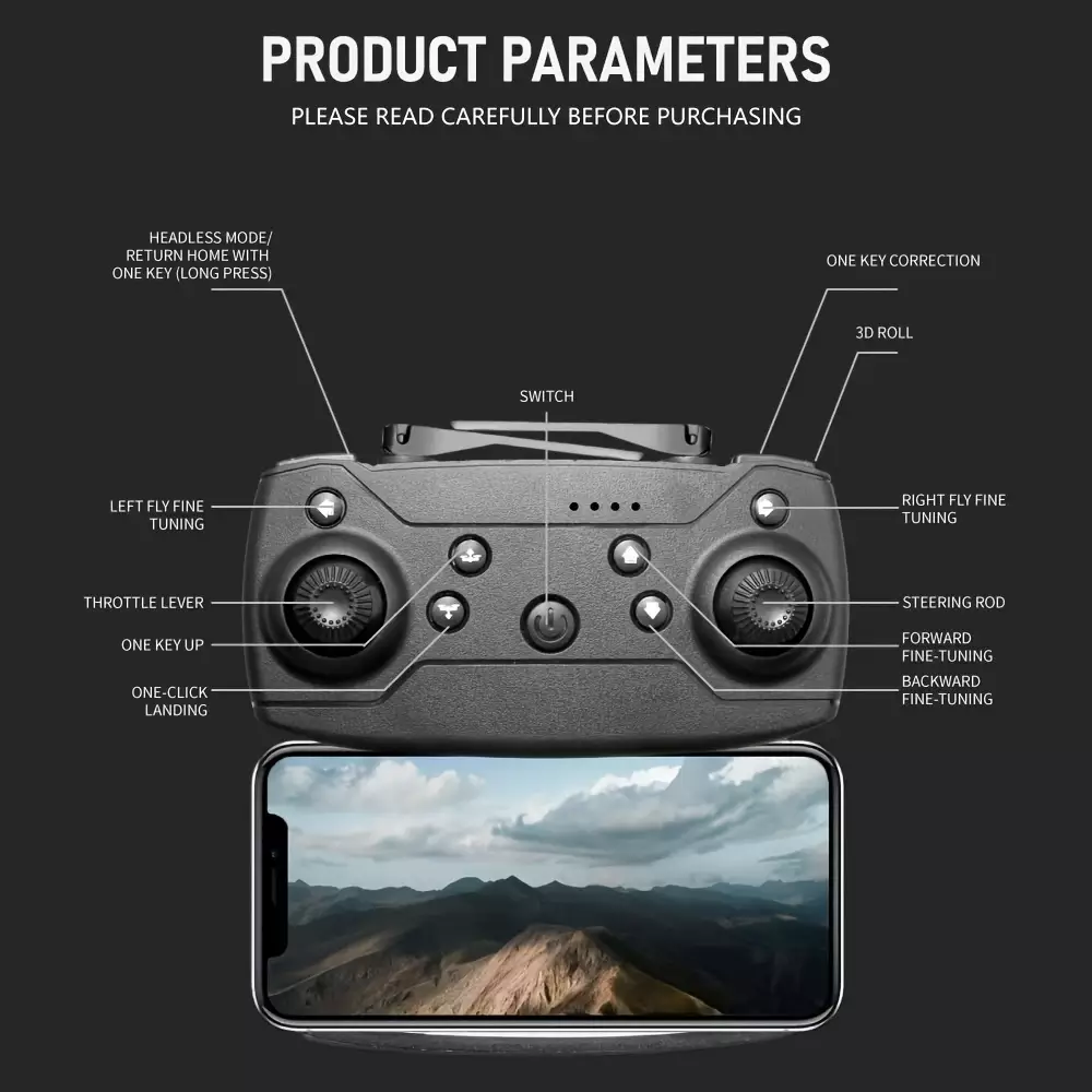 Drone quadricoptère Facegle E99 avec caméras duales éclairage LED et télécommande