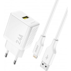 Dudao A23L 2.4A chargeur mural USB-A GaN avec c&acirc;ble USB-A vers Lightning - Blanc
