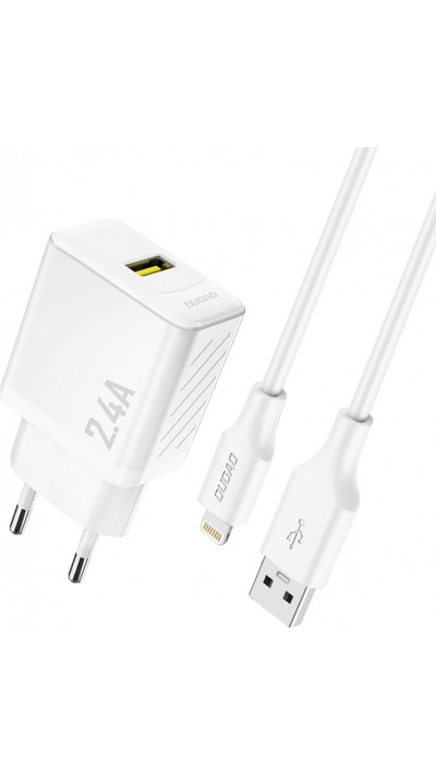 Dudao A23L 2.4A chargeur mural USB-A GaN avec c&acirc;ble USB-A vers Lightning - Blanc