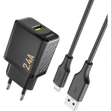 Dudao A23L 2.4A chargeur mural USB-A GaN avec c&acirc;ble USB-A vers Lightning - Noir