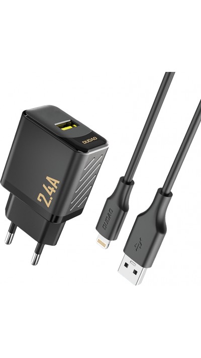 Dudao A23L 2.4A chargeur mural USB-A GaN avec c&acirc;ble USB-A vers Lightning - Noir