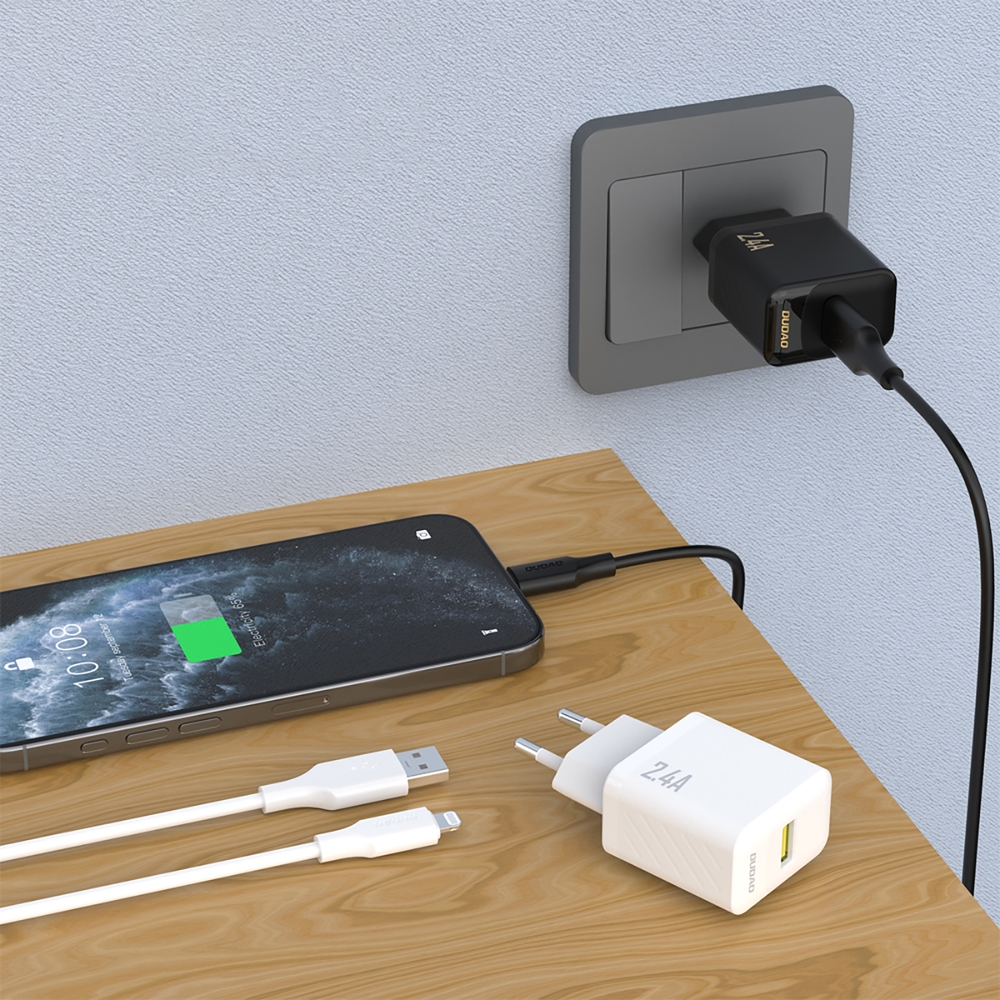 Dudao A23L 2.4A chargeur mural USB-A GaN avec c&acirc;ble USB-A vers Lightning - Noir