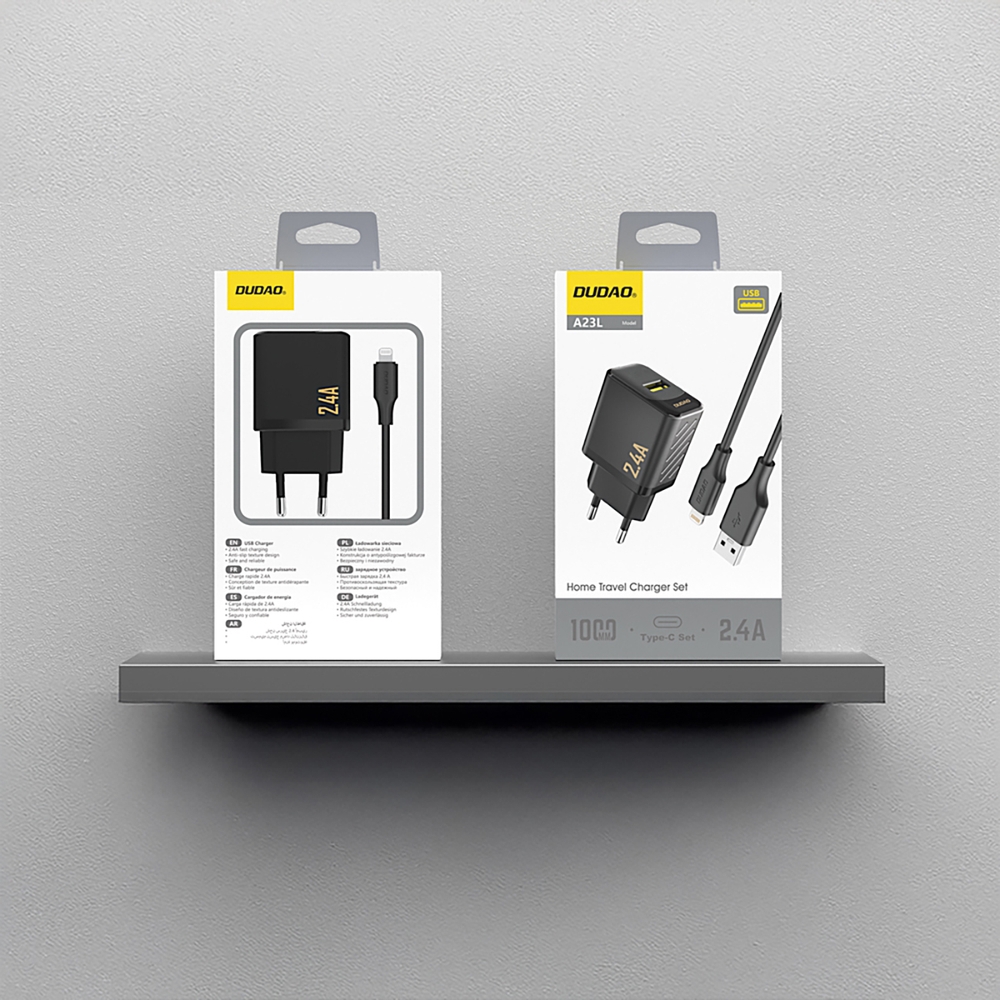 Dudao A23L 2.4A chargeur mural USB-A GaN avec c&acirc;ble USB-A vers Lightning - Noir