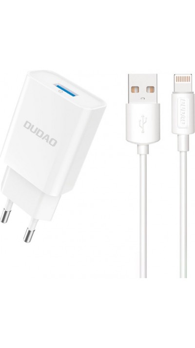 Dudao A4EUL chargeur mural USB-A 2.1A avec c&acirc;ble Lightning pour iPhone et appareils compatibles - Blanc