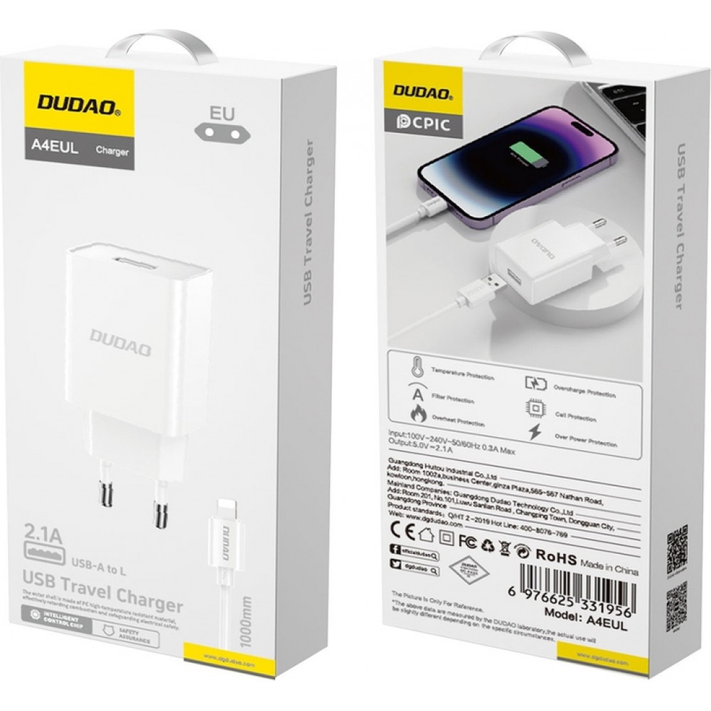Dudao A4EUL chargeur mural USB-A 2.1A avec c&acirc;ble Lightning pour iPhone et appareils compatibles - Blanc