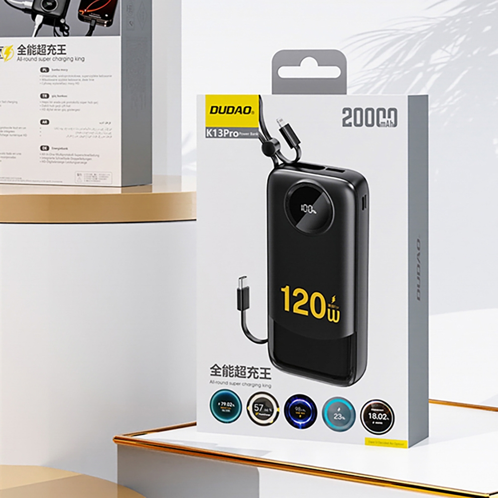 Dudao K13Pro batterie externe 20000mAh avec câbles intégrés Powerbank portable - Noir