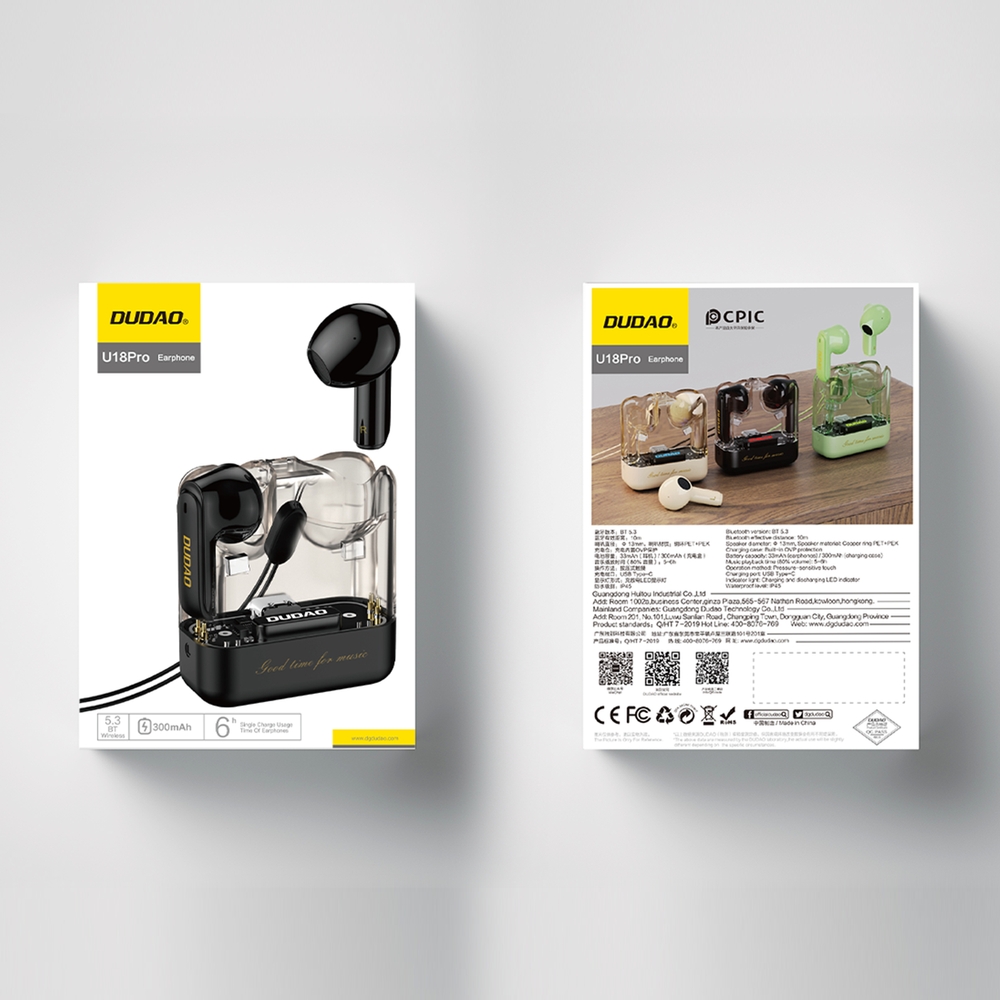 Dudao U18Pro écouteurs Bluetooth 5.3 TWS ergonomiques 6h d'autonomie- Noir