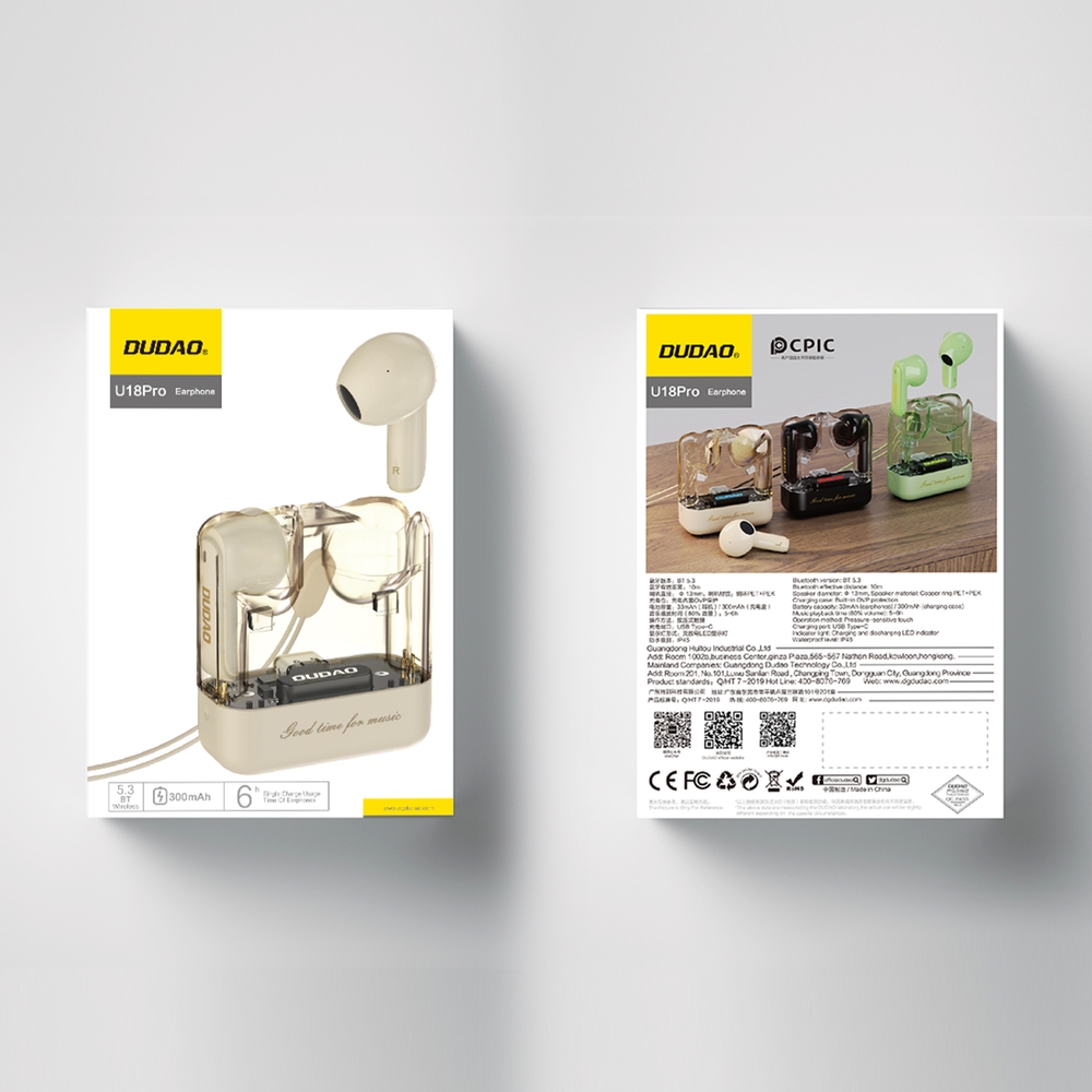 Dudao U18Pro écouteurs Bluetooth 5.3 TWS ergonomiques 6h d'autonomie - Beige
