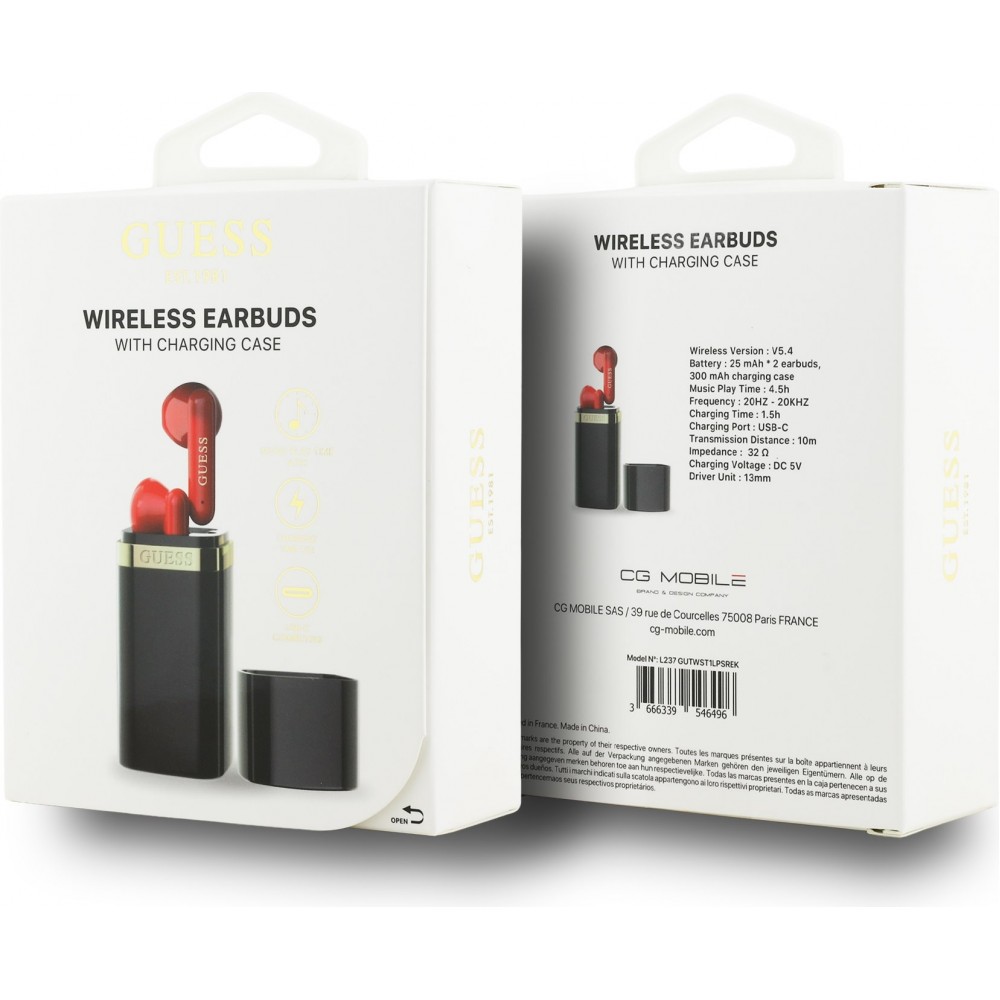 Écouteurs Bluetooth Guess Lipstick Shape design élégant 4.5 h d'autonomie - Noir