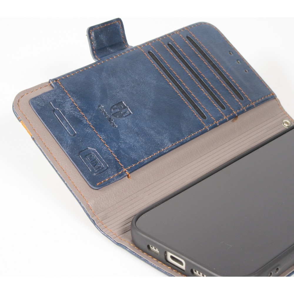 Etui cuir iPhone 17 Air - Flip Wallet en cuir véritable avec stripe design et compartiment à cartes - Bleu