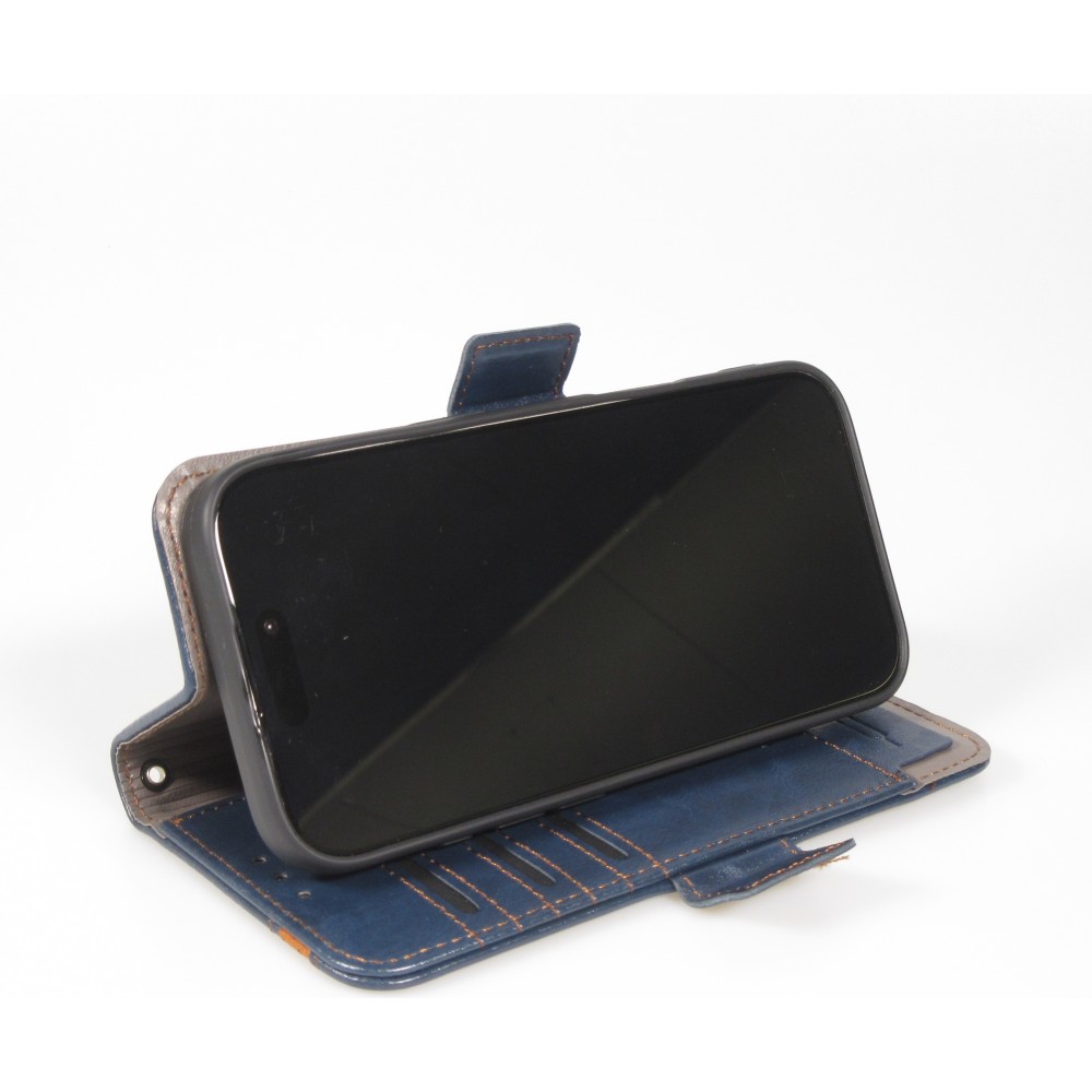Etui cuir iPhone 17 Air - Flip Wallet en cuir véritable avec stripe design et compartiment à cartes - Bleu