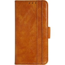 iPhone 17 Air Leder Tasche - Flip Wallet Echtleder mit Akzentstreifen & Kartenhalter - Hellbraun