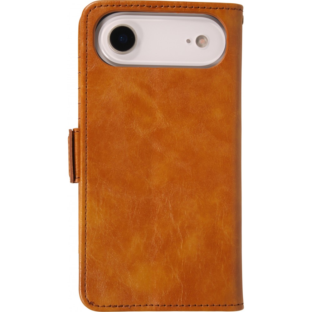 iPhone 17 Air Leder Tasche - Flip Wallet Echtleder mit Akzentstreifen & Kartenhalter - Hellbraun