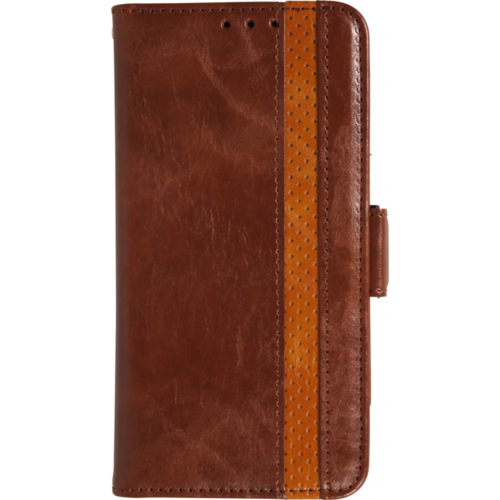 Etui cuir iPhone 17 Air - Flip Wallet en cuir véritable avec stripe design et compartiment à cartes - Brun foncé