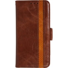 Etui cuir iPhone 17 Air - Flip Wallet en cuir véritable avec stripe design et compartiment à cartes - Brun foncé