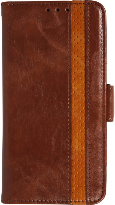iPhone 17 Air Leder Tasche - Flip Wallet Echtleder mit Akzentstreifen & Kartenhalter - Dunkel- Braun