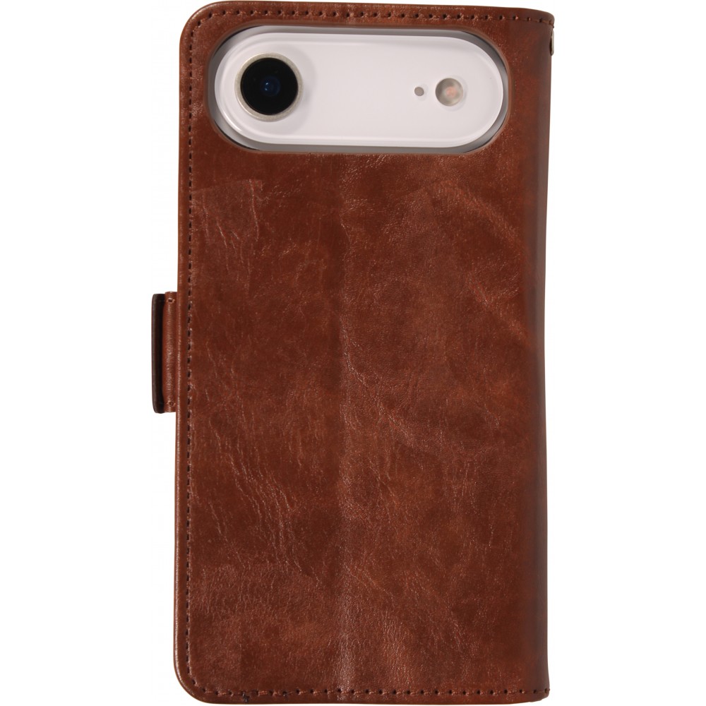 Etui cuir iPhone 17 Air - Flip Wallet en cuir véritable avec stripe design et compartiment à cartes - Brun foncé