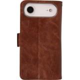 Etui cuir iPhone 17 Air - Flip Wallet en cuir véritable avec stripe design et compartiment à cartes - Brun foncé