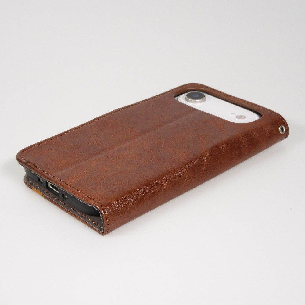 Etui cuir iPhone 17 Air - Flip Wallet en cuir véritable avec stripe design et compartiment à cartes - Brun foncé