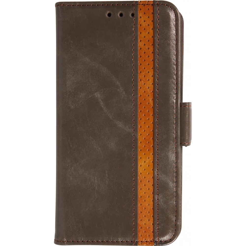 Etui cuir iPhone 17 Air - Flip Wallet en cuir véritable avec stripe design et compartiment à cartes - Gris