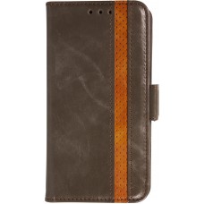 Etui cuir iPhone 17 Air - Flip Wallet en cuir véritable avec stripe design et compartiment à cartes - Gris