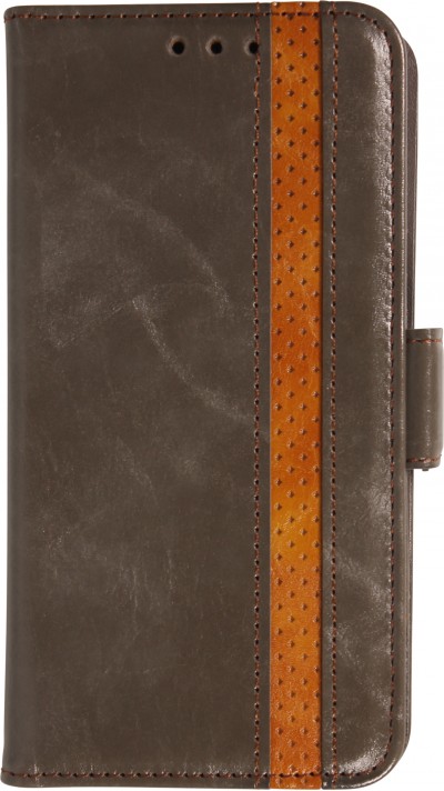 iPhone 17 Air Leder Tasche - Flip Wallet Echtleder mit Akzentstreifen & Kartenhalter - Grau