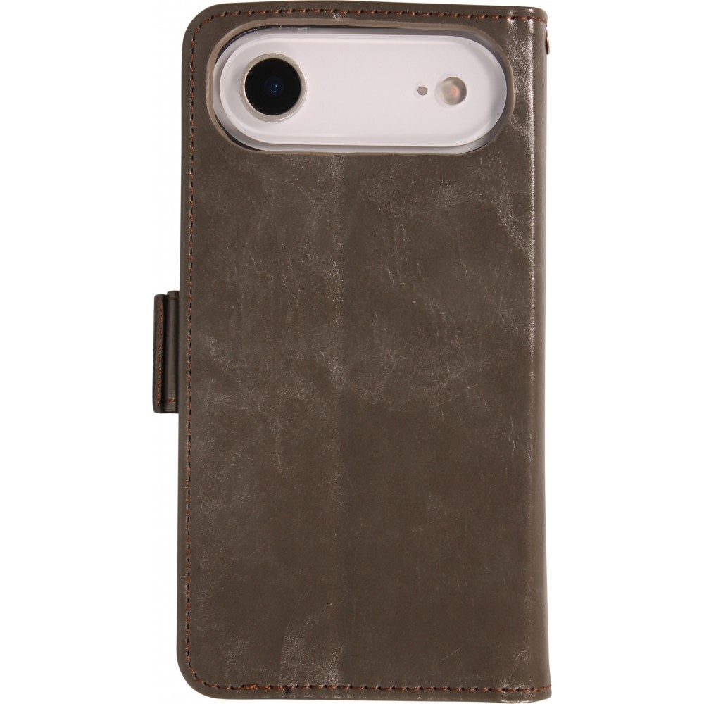 Etui cuir iPhone 17 Air - Flip Wallet en cuir véritable avec stripe design et compartiment à cartes - Gris