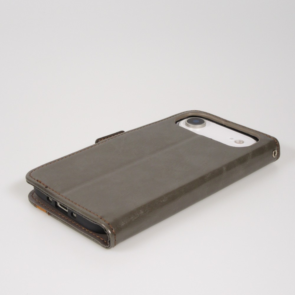 Etui cuir iPhone 17 Air - Flip Wallet en cuir véritable avec stripe design et compartiment à cartes - Gris