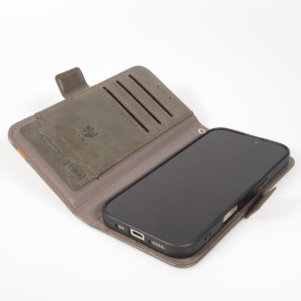 Etui cuir iPhone 17 Air - Flip Wallet en cuir véritable avec stripe design et compartiment à cartes - Gris