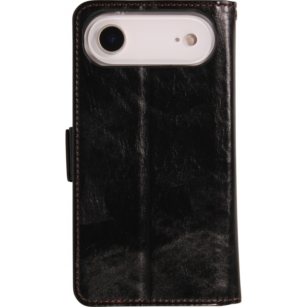 iPhone 17 Air Leder Tasche - Flip Wallet Echtleder mit Akzentstreifen & Kartenhalter - Schwarz
