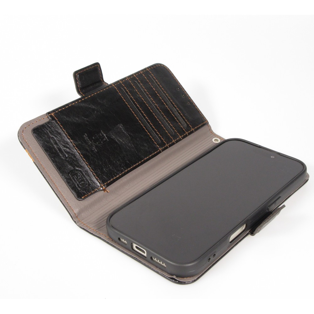 iPhone 17 Air Leder Tasche - Flip Wallet Echtleder mit Akzentstreifen & Kartenhalter - Schwarz