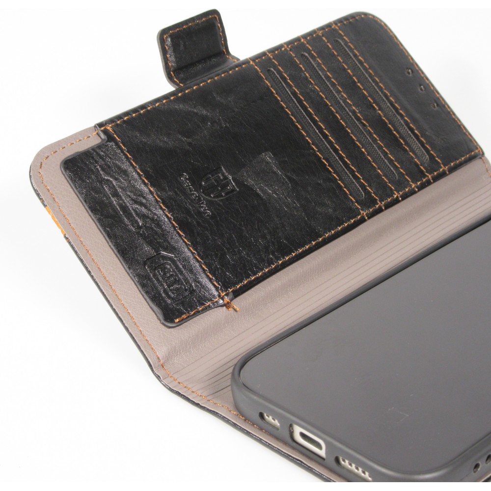 iPhone 17 Air Leder Tasche - Flip Wallet Echtleder mit Akzentstreifen & Kartenhalter - Schwarz