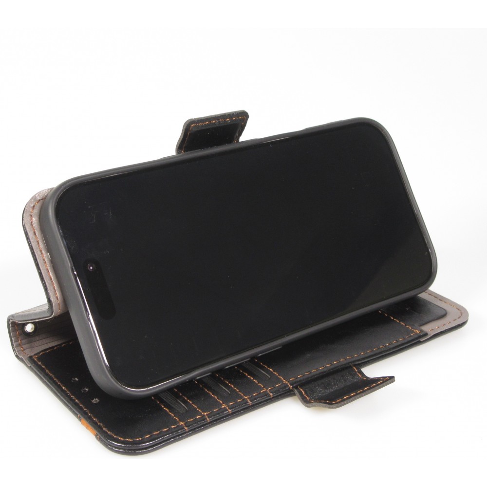 iPhone 17 Air Leder Tasche - Flip Wallet Echtleder mit Akzentstreifen & Kartenhalter - Schwarz