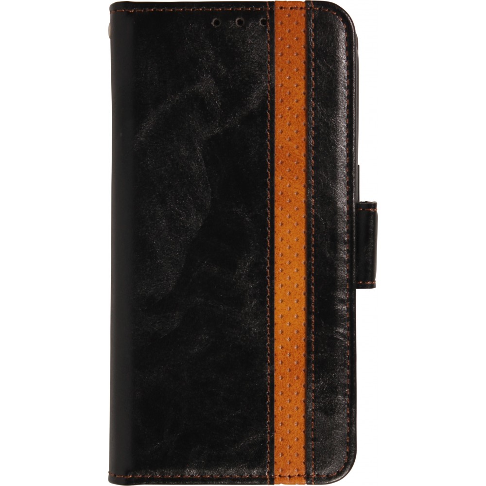 iPhone 17 Air Leder Tasche - Flip Wallet Echtleder mit Akzentstreifen & Kartenhalter - Schwarz