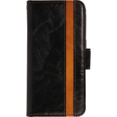 iPhone 17 Air Leder Tasche - Flip Wallet Echtleder mit Akzentstreifen & Kartenhalter - Schwarz