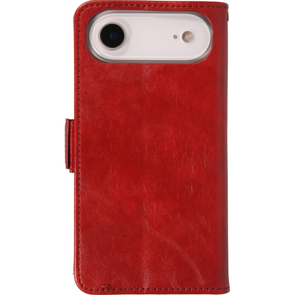 Etui cuir iPhone 17 Air - Flip Wallet en cuir véritable avec stripe design et compartiment à cartes - Rouge