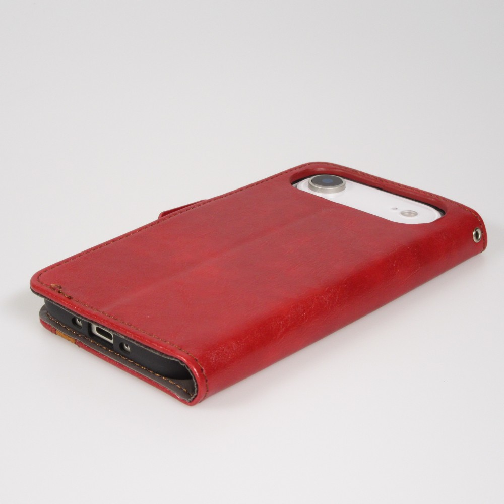 Etui cuir iPhone 17 Air - Flip Wallet en cuir véritable avec stripe design et compartiment à cartes - Rouge