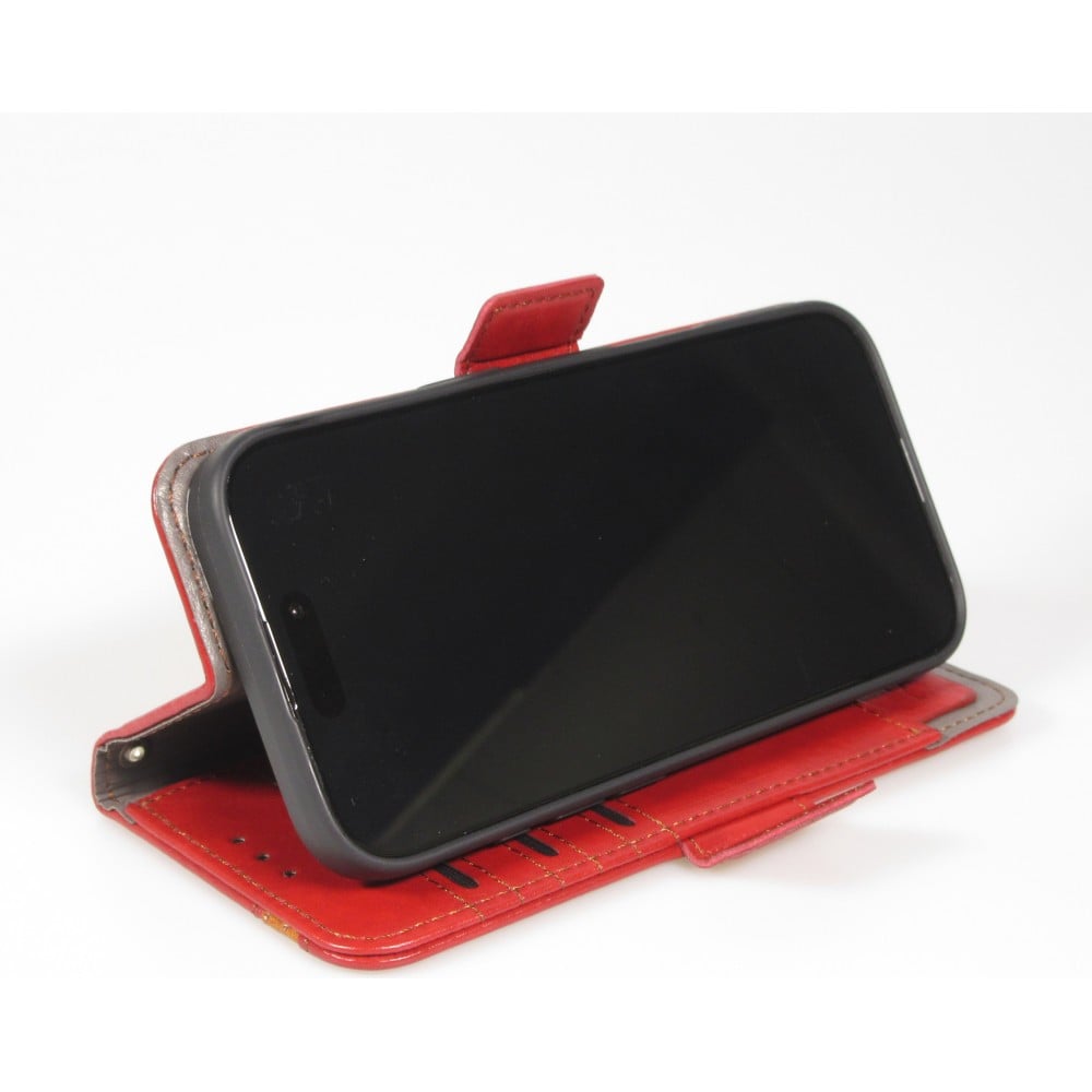 Etui cuir iPhone 17 Air - Flip Wallet en cuir véritable avec stripe design et compartiment à cartes - Rouge