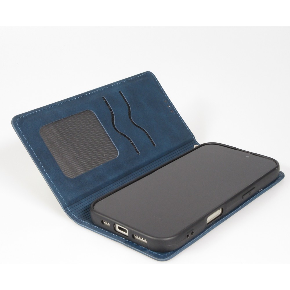 iPhone 17 Air Leder Tasche - Flip Wallet vintage mit Magnetverschluss und Kartenhalter - Blau