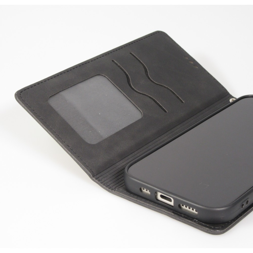 iPhone 17 Air Leder Tasche - Flip Wallet vintage mit Magnetverschluss und Kartenhalter - Schwarz