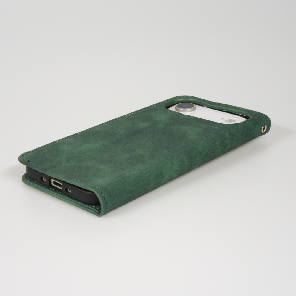 Leder Tasche Case iPhone 17 Air - Flip Wallet vintage mit Magnetverschluss und Kartenhalter - Dunkelgrün