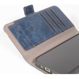 Etui cuir iPhone 17 - Flip Wallet en cuir véritable avec stripe design et compartiment à cartes - Bleu