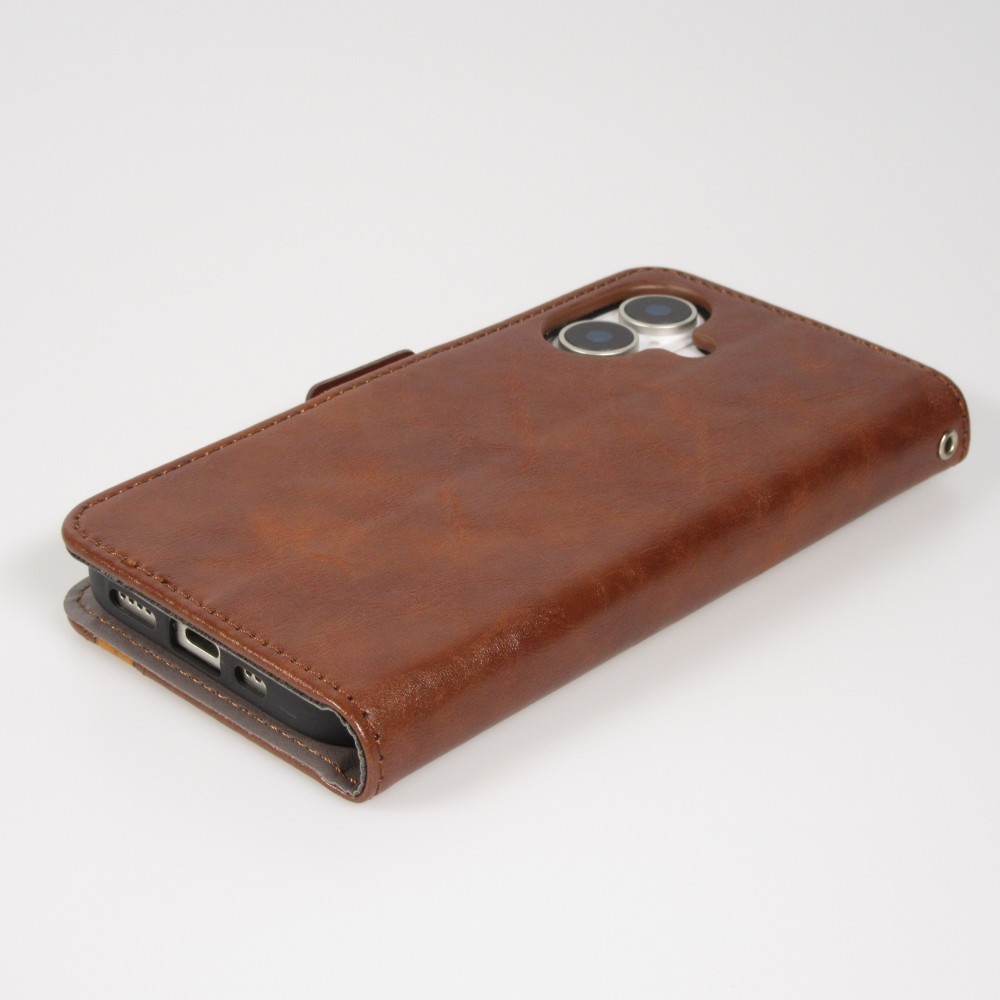 Etui cuir iPhone 17 - Flip Wallet en cuir véritable avec stripe design et compartiment à cartes - Brun foncé