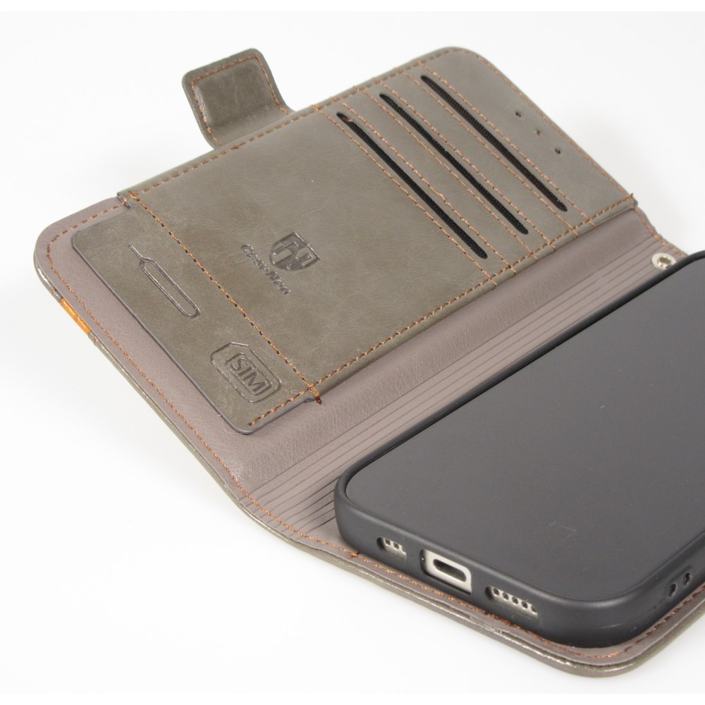 Etui cuir iPhone 17 - Flip Wallet en cuir véritable avec stripe design et compartiment à cartes - Gris