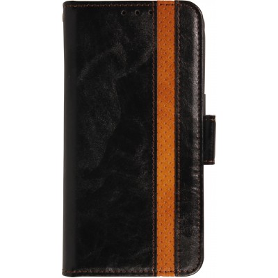 iPhone 17 Leder Tasche - Flip Wallet Echtleder mit Akzentstreifen & Kartenhalter - Schwarz