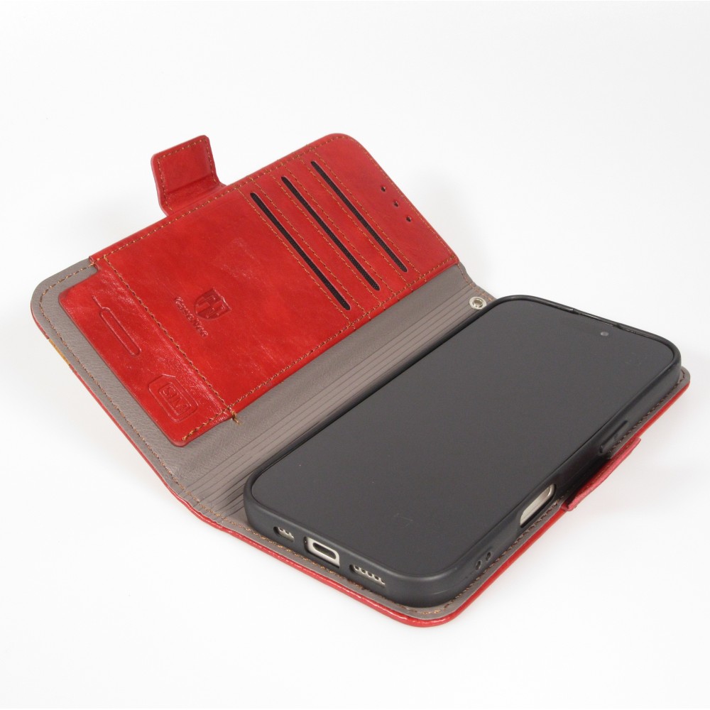 Etui cuir iPhone 17 - Flip Wallet en cuir véritable avec stripe design et compartiment à cartes - Rouge