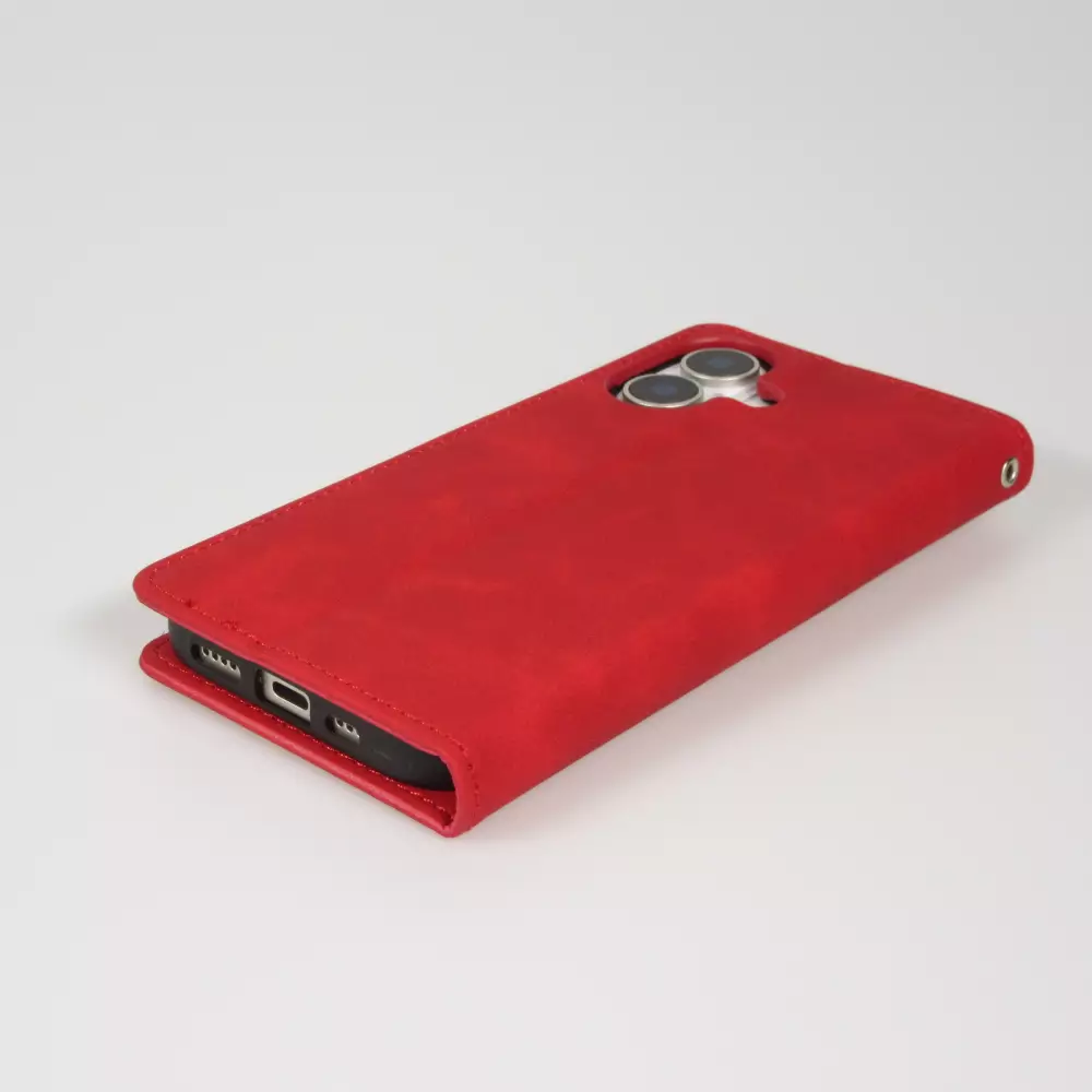Etui cuir iPhone 17 - Flip Wallet vintage avec fermeture aimantée et compartiment cartes - Rouge