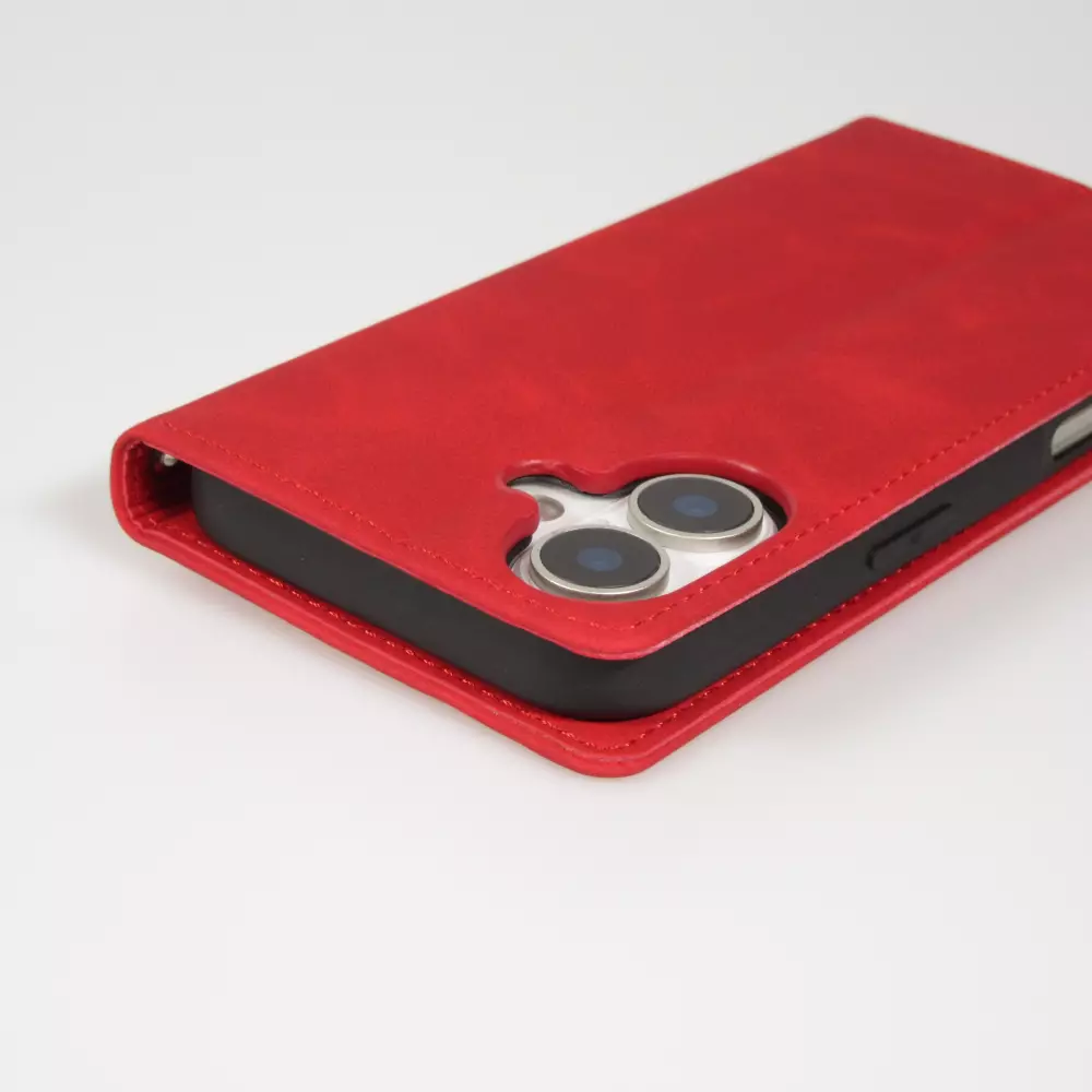 Etui cuir iPhone 17 - Flip Wallet vintage avec fermeture aimantée et compartiment cartes - Rouge