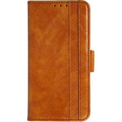 Etui cuir iPhone 17 Pro Max - Flip Wallet en cuir véritable avec stripe design et compartiment à cartes - Brun clair